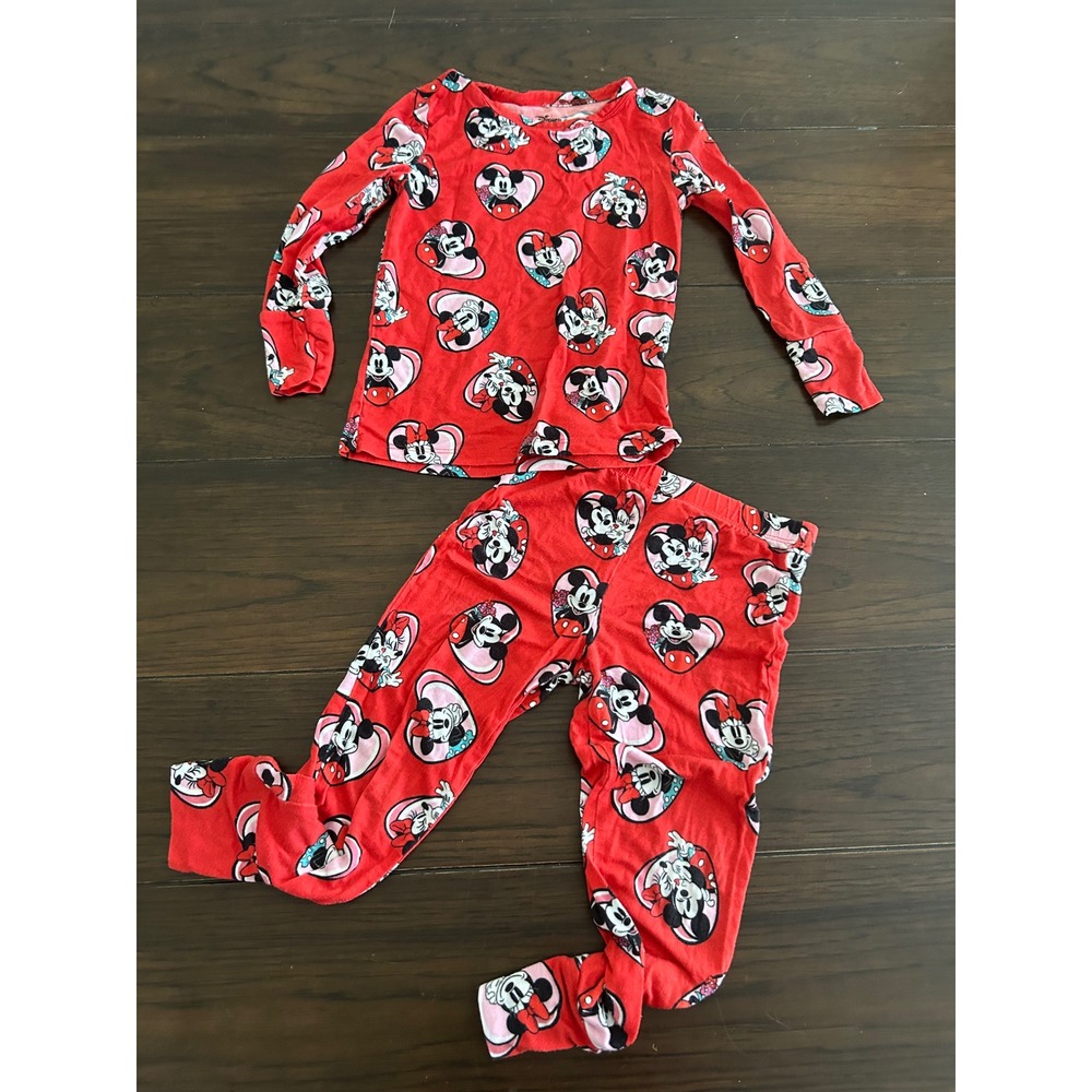 Disney Posh Peanut Mickey Minnie Mouse Heart Pajama Set Red 3T Kids Long Sleeve